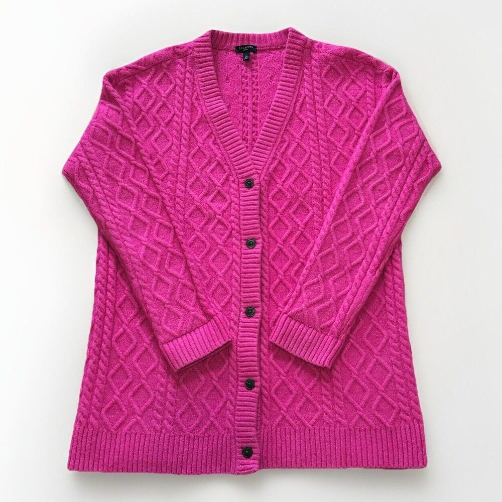 Talbots Boyfriend Cardigan Wool Sweater Cable Soft Fuschia Berry Pink S Petite